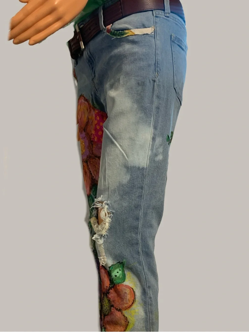 Hand-Painted Floral Light Wash Women's Jeans - Pink & Orange Accents - Picture 7 of 12